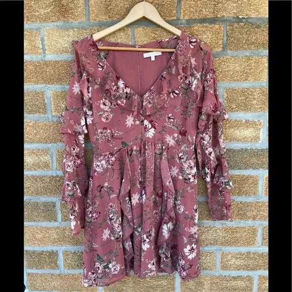 Wayf floral ruffle long sleeve dress large - Picture 1 of 11